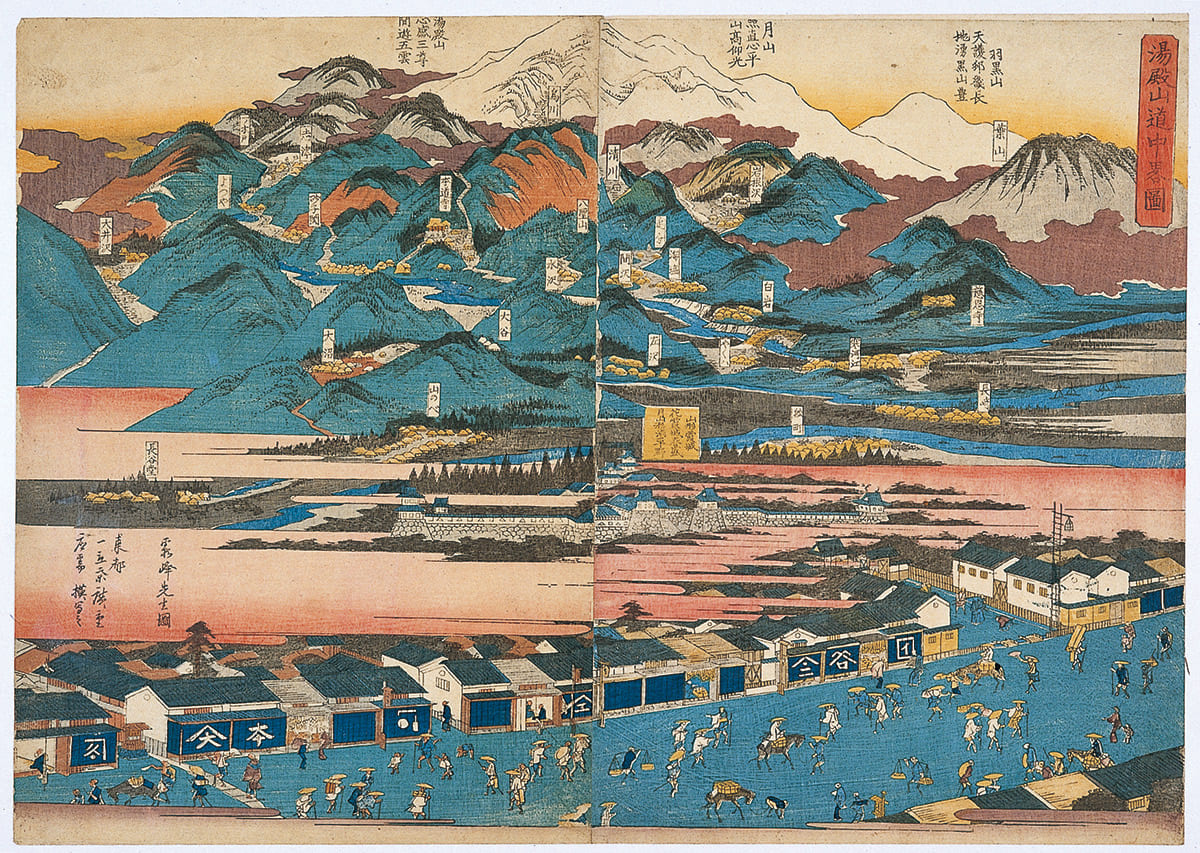 七日町角周辺の様子　安藤広重筆 霞峰下絵「湯殿山神社道中略圖」（山形美術館所蔵）
